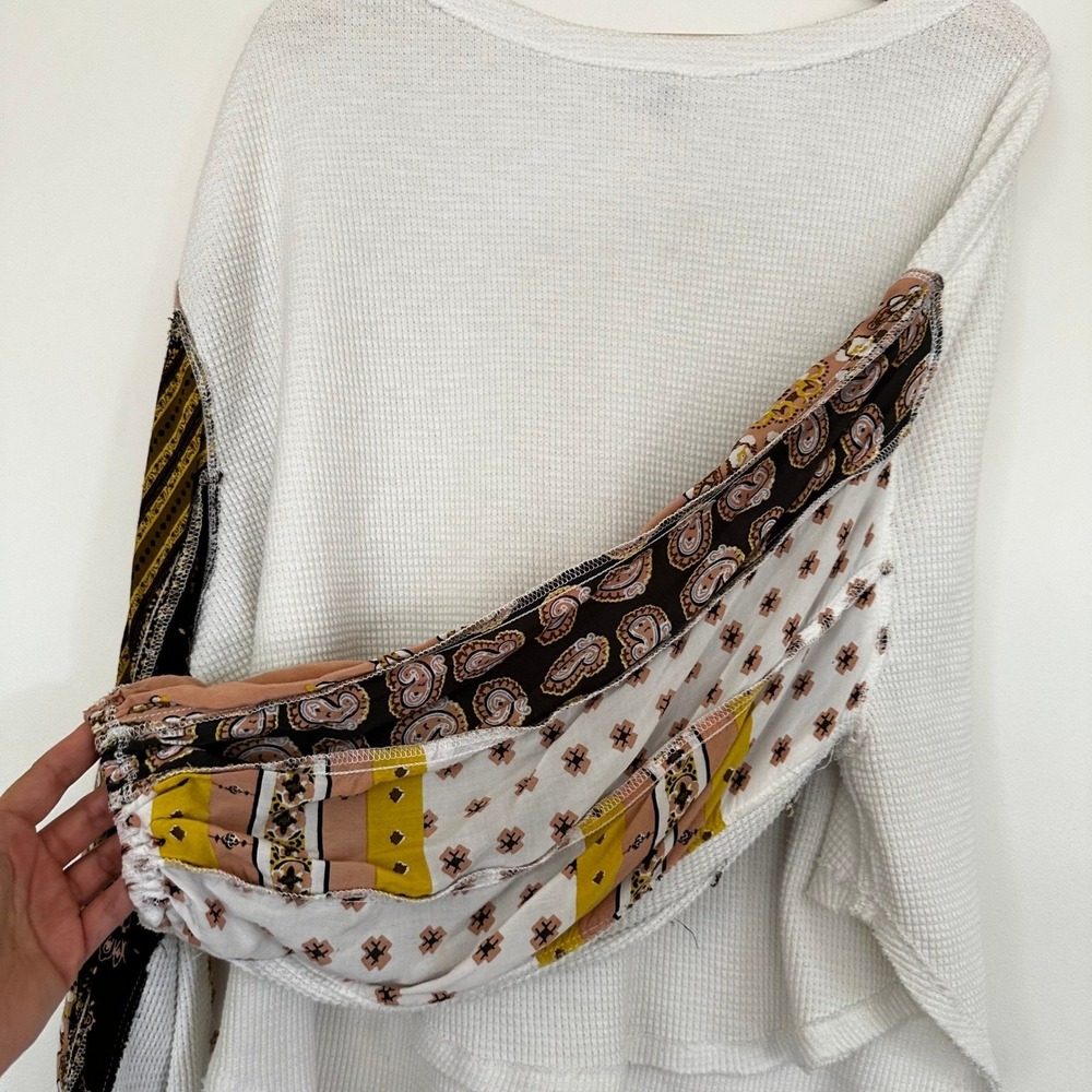 Free People Waffle Knit Top Patchwork Rayon Sleeves Boho Shirt Women's Large